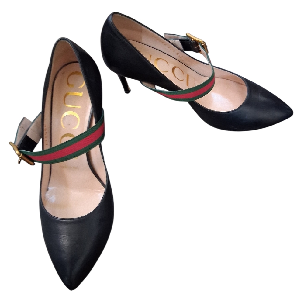 GUCCI Sylvie Mary Jane Black Leather  Size 35.5, US 5.5, Heels Pumps Shoes W/box